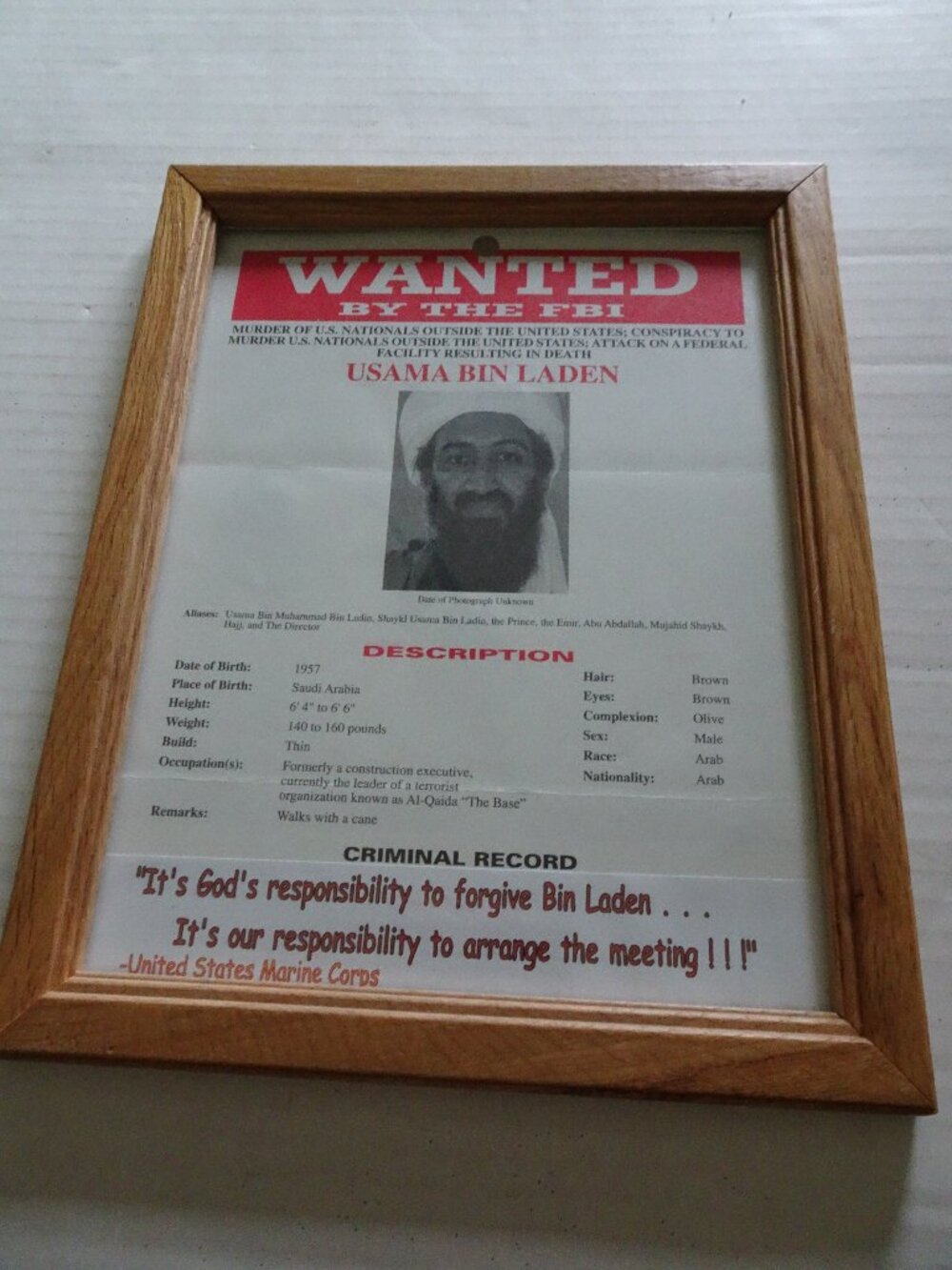 Usama Bin Laden - Official FBI Wanted Poster - March 29, 1999 - No. 599 - Framed
